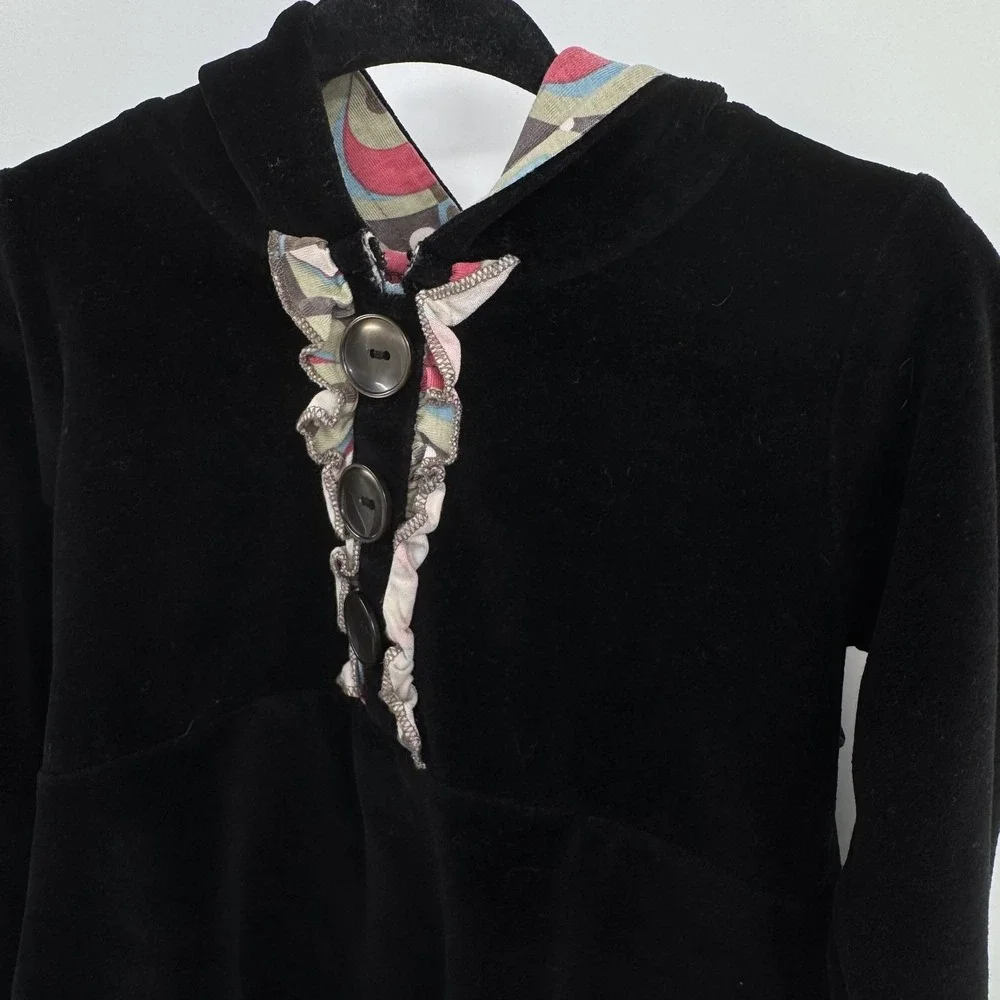 Matilda Jane‎ Dress Girls 2 Black Hooded Velour Tunic Pixie Hood Ruffle Buttons